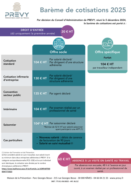 Bareme de cotisations 2025 - - Fiche - Barème de cotisations offre socle et offre spécifique PREVY 2025 - PREVY Prévention & Santé au Travail