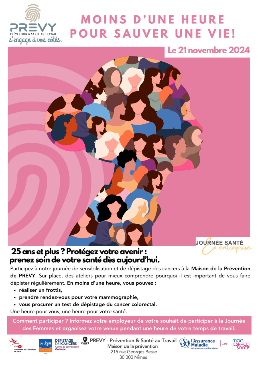 Flyer PREVY Journee des femmes special salariee 1 - - Octobre Rose 2024 avec le réseau prévention de Nîmes - PREVY Prévention & Santé au Travail